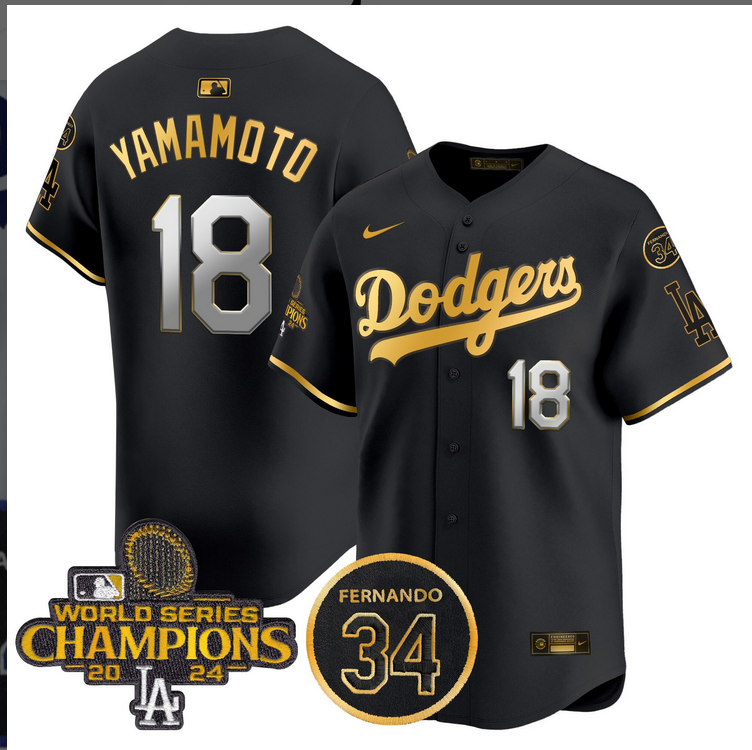 Men MLB Los Angeles Dodgers 18 Yamamoto black 2024 World Series Champions Patch Limited Jersey